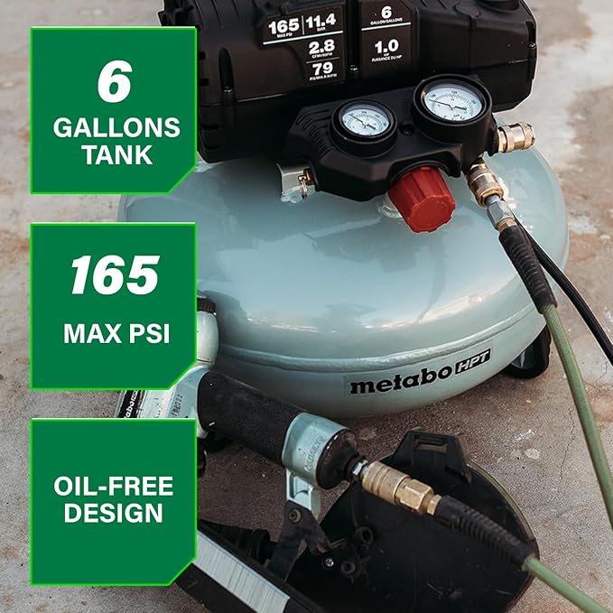 Metabo HPT Pancake Air Compressor, 6-Gallon 165PSI, Portable Air Compressor with 1.0 HP Oil-Free High Efficiency Motor, Lihghtweight, Quick Couplers for Fast Tool Changes, EC711S