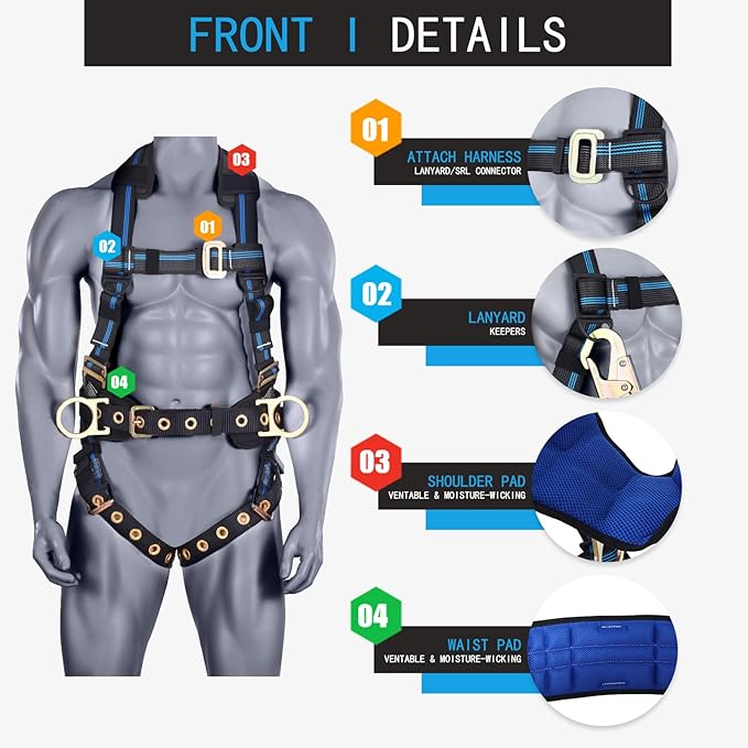Safety Harness Fall Protection Kit,5pt Full-Body Roofing harness with Support Waist Pad,Vented & Padded Shoulder For Construction(XL/2XL)