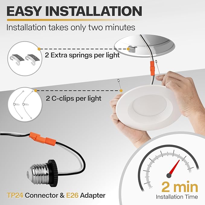 24 Pack 5/6 Inch LED Can Lights with Night Light, 5CCT Retrofit Recessed Lighting Selectable 2700K-6000K Dimmable, 12W=75W, 1200LM Downlight with Metal Smooth Trim - ETL and Energy Star