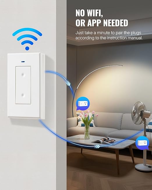Remote Control Outlet Wireless Light Switch, Removable Remote Outlet Switch Kit for Lamps, Lights, Appliance, Expandable, 100ft RF Range, FCC Listed (1 Controller + 2 Outlets) W08RC1206