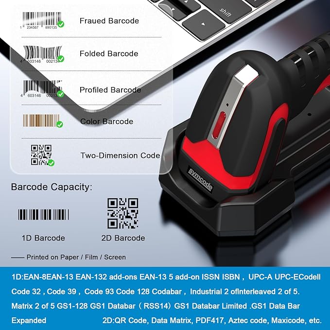 Symcode 2D QR Industrial Barcode Scanner with Wireless Charging Stand, Rugged Heavy Duty 2000 Feet Transmission Distance 433Mhz 2-in-1 Bluetooth & Wireless Hands-Free Barcode Reader for Laptop Tablet
