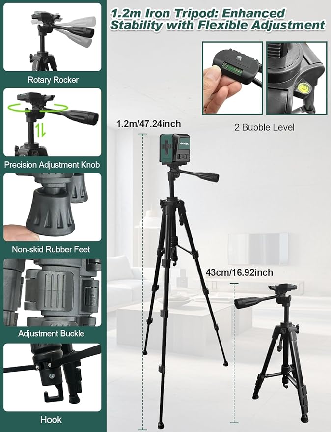 Laser Level Self-Leveling Green Beam Horizontal and Vertical Crossline Laser for Home Decor Carrying Pouch, Tripod Battery Included (NK02G with 47 Inch Tripod)