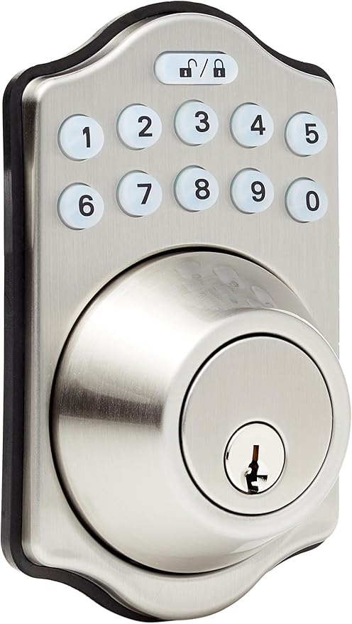 Amazon Basics Traditional Electronic Keyless Keypad Deadbolt Door Lock, keyless Entry Door Lock, Keyed Entry Option, 1-Pack, Satin Nickel