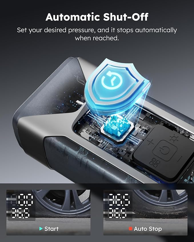 T10 Tire Inflator Portable Air Compressor - 160 PSI Portable Tire Pump with 7500mAh Battery - Cordless Air Pump with Pressure Gauge and Auto Shut-Off Function for Car, Motorcycle, Bike, Ball