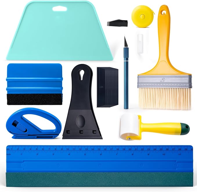 FOSHIO Wallpaper Tools Set, Paste Brush, Seam Roller, Plastic Scraper Tool, Felt Squeegee with Mesureing Tape, Paper Cutter and Exacto Knife for Peel & Stick Wallpaper, Window Film Installation