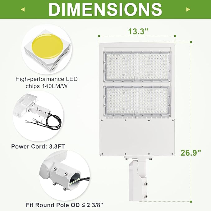 480V 300W LED Parking Lot Light, White Housing LED Street Light 42,000LM 5000K 1-10V Dimmable Outdoor LED Shoebox Pole Heads 1000W MH/HPS Equiv.DLC UL Certified