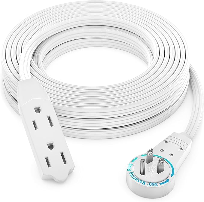 Maximm Cable 35 Ft 360° Rotating Flat Plug Extension Cord/Wire, 16/3 AWG Multi 3 Outlet 3-Prong Grounded Wire- White - UL Certified