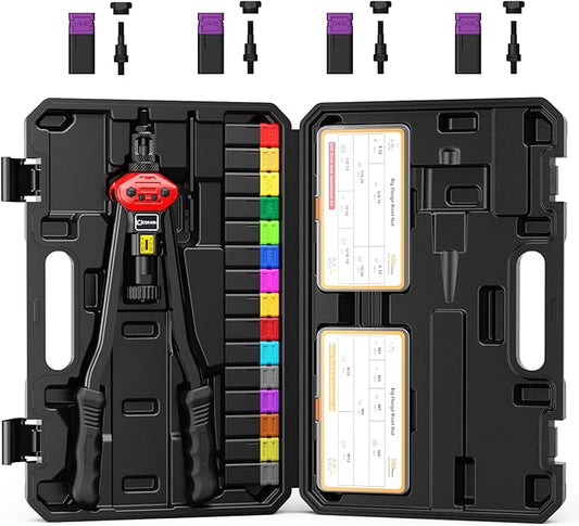16" Rivet Nut Gun with Stroke Adjustment - 15 Metric and SAE Mandrels (M3-M12 & to 1/2") + 4 Pieces 1/4-20 Mandrels - 200 Threaded Nuts (100 Each) in Storage Boxes - Portable Blow Molded Case