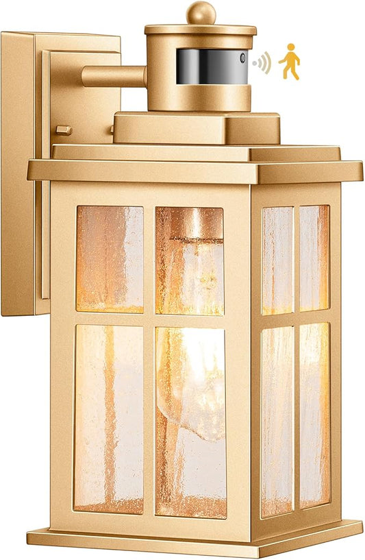 VIANIS Motion Sensor Porch Lights Outdoor, Gold Dusk To Dawn Outside Light Fixtures for House, Modern Exterior Garage Lights Wall Mount Sconce for Front Door Patio with Tempered Seeded Glass Anti-Rust