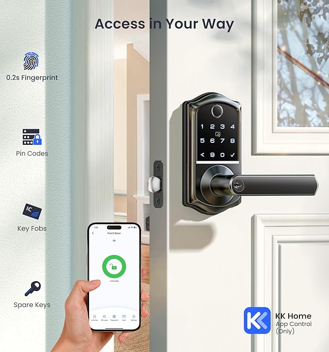 Veise VE019 Fingerprint Smart Lever Lock - APP Control, Keypad Door Lock with Handle, Keyless Entry for Front Door and Bedroom, Electronic Digital Knob, Remote Grant, IP55 Weatherproof, Matte Black