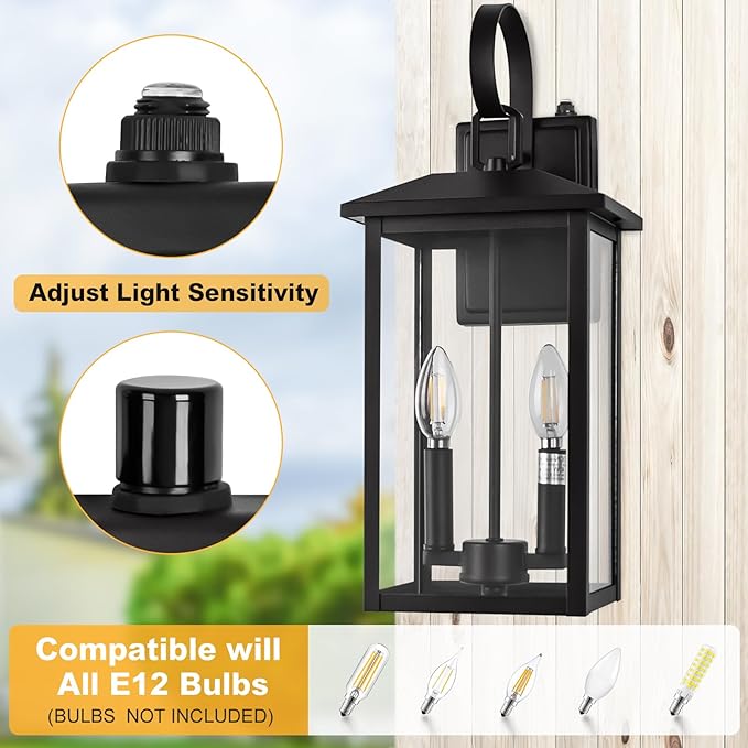 Large Outdoor Light Fixtures Black, Dusk to Dawn Outdoor Lighting, 2-Light Exterior Wall Fixture with E12 Socket, ETL Listed 18" Exterior Light Lanterns for House, Garage, Patio, Porch, Door