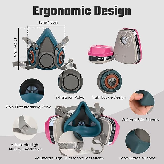 Reusable Half Facepiece Respirator Mask - Gas Masks with 2 Pieces 60921 Filters for Organic Vapor Protection Chemicals Spray Welding Epoxy Resin Dust 6200 Blue