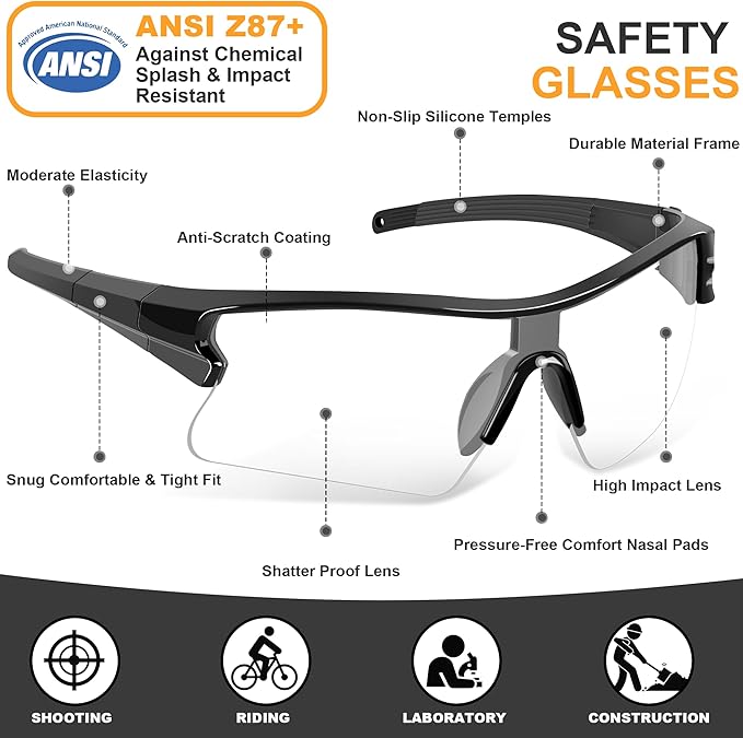 Safety Glasses Goggles for Men, Anti Scratch ANSI z87+ Compliant UV Protection Protective Eyewear Rubber Non-slip Leg