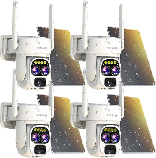 Security Cameras Wirelss Outdoor Solar Powered for Home Security, 360 View Outside Camera,Motion Detection,10x Hybrid Zoom PAN Tile,IP-65 Weather Proof (4 Pack)