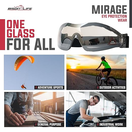 BISON LIFE Mirage Vented Safety Goggles with Adjustable Elastic Band & Protective Pouch, UV Protection Eye Goggles for Outdoor Activities, Mirror, Dustproof Glasses for Men & Women (1 Pack)
