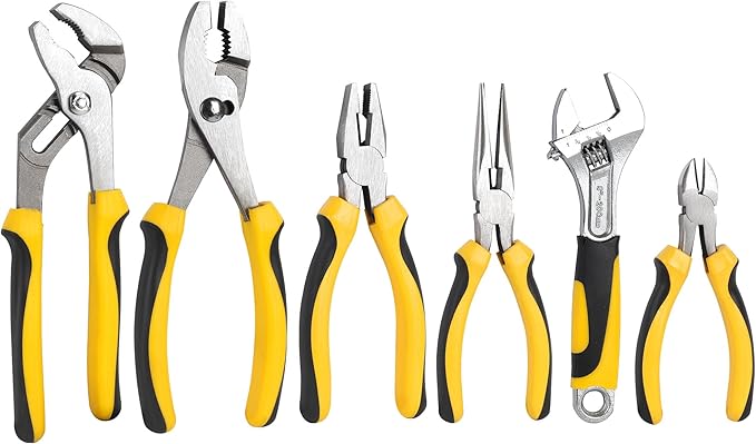 TOPLINE 6-Piece Pliers and Wrench Set, 8” Adjustable Wrench, 10” Groove Joint, 10” Slip Joint, 8” Linesman, 8” Long Nose, 6” Diagonal Pliers for Home Repair and Daily Use