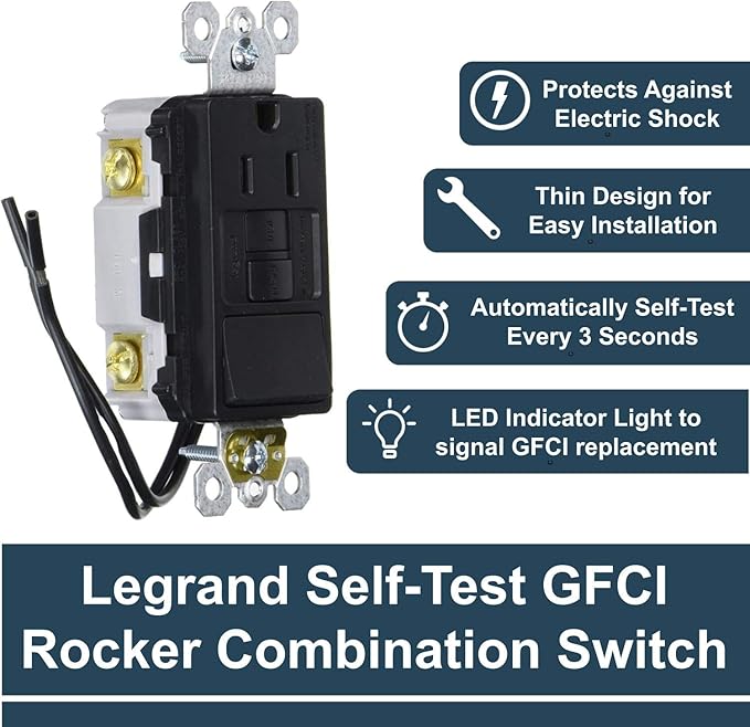 Legrand radiant 1597SWTTRBKCCD4 15 Amp Combination GFCI Self Test Tamper-Resistant Decorator Outlet with Single Pole Light Switch, Black (1 Count)