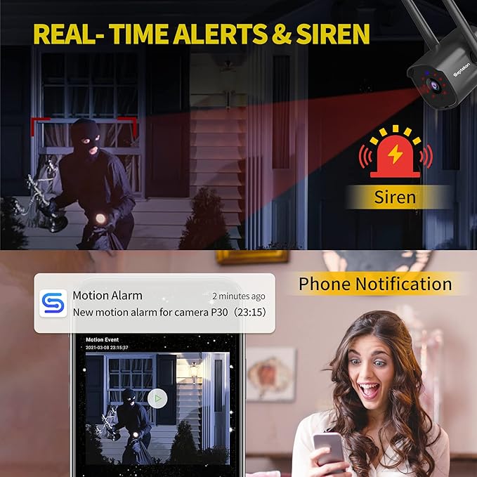 Septekon 2K Outdoor Security Camera 3MP, 2.4G Wired WiFi Camera with Night Vision, IP66 Waterproof, AI Human Motion Tracking, 2-Way Audio, Black