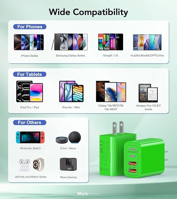 2 Pack USB C Charger, 40W Fast Charge Cube, 4-Port QC+PD Wall Plug,Multi-Port Type C Power Adapter for iPhone 16 15 14 13 12 Pro Max XS XR 8,Galaxy S24,Nexus,HTC,Google Pixel,and More(Green)