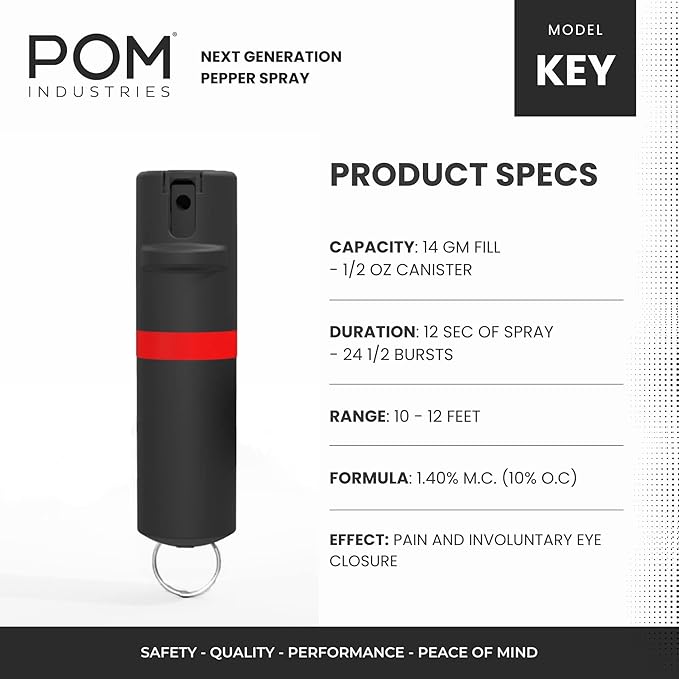 POM Pepper Spray Keychain, Quick Key Release for Instant Access, Flip Top Safety, Maximum Strength OC Formula with UV Marking Dye, 25 Bursts, 10 ft Range, 0.5 fl oz