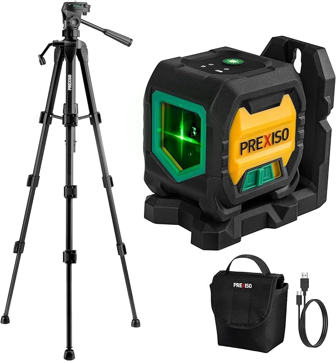 PREXISO Laser Level with 47 Inch Tripod, IP54 Rechargeable 65Ft Green Cross Line Laser Self Leveling, Light Indicator, 3 Brightness Mode, Lazer Leveler Tool for Picture Hanging, Tile, Home Renovation