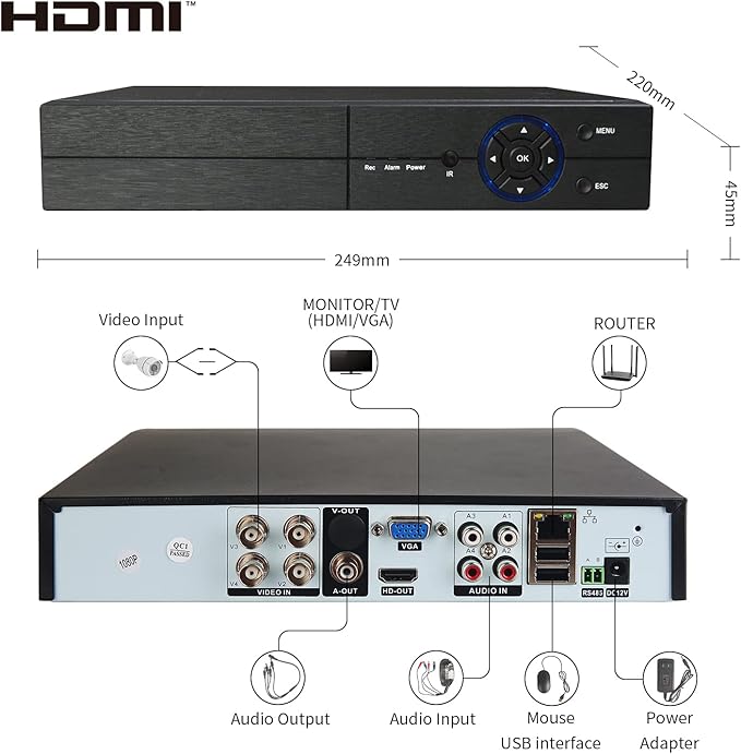 Eversecu 4 Channel Security Camera System 1080P DVR and 4pcs HD Weatherproof Cameras, Night Vision, Motion Alert, Smartphone, PC Easy Remote Access, 500GB HDD Preinstalled, Premade Cables Included