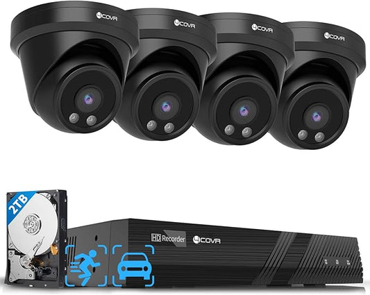4COVR Security Camera Outdoor System, Person Vehicle Detection & Night Vision, 4Pcs 5MP Wired Dome IP Camera with Audio IP67 Home Weatherproof, 8CH 8MP H.265 NVR with 2TB HDD, LY97AB5M0804