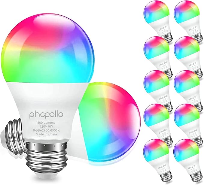 phopollo Smart Light Bulbs, RGBCW WiFi Multicolor Led Light Bulbs Compatible with Alexa & Google Home Assistant, A19 E26 9W 60W Equivalent 800Lumen, App Control, No Hub Required, 12 Pack