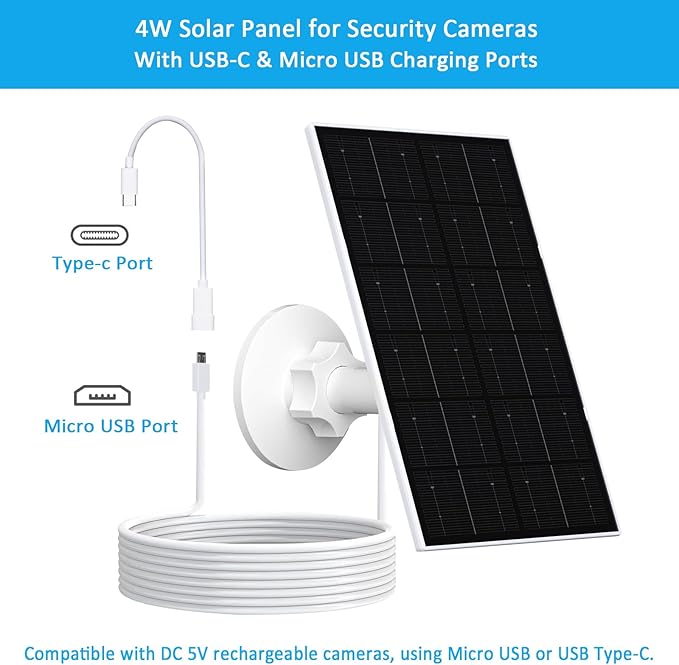 4W Solar Panel for Security Camera, USB-C/Micro USB Solar Charger for Rechargeable Battery Cameras, IP66 Waterproof, 360° Adjustable Mount, 9.8FT/3M Cable, 2 Pack