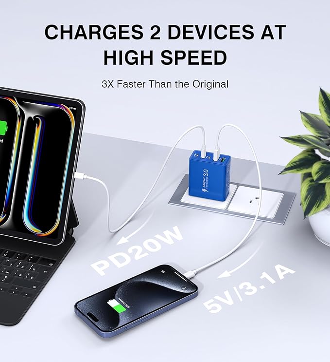 50W USB C Fast Charger Cube,2 Pack PD+QC Charging Block Power Adapter 5 Port Wall Mount Plug for iPhone 16 15 14 13 12, Motorola, LG, Google Pixel 6a/6 Pro/6/5a/5/4/4A Box Brick (Dark Blue)