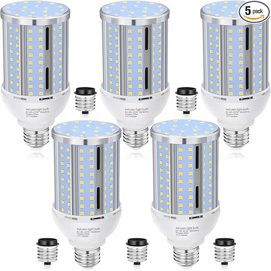 50W LED Corn Light Bulb(5 Pack),(490 Watt Equivalent) Fanless E26/E39 Medium/Large Mogul Base LED Cob Lamp 5000K Daylight 6,200LM for Outdoor Indoor Garage Warehouse Factory Workshop Street Backyard