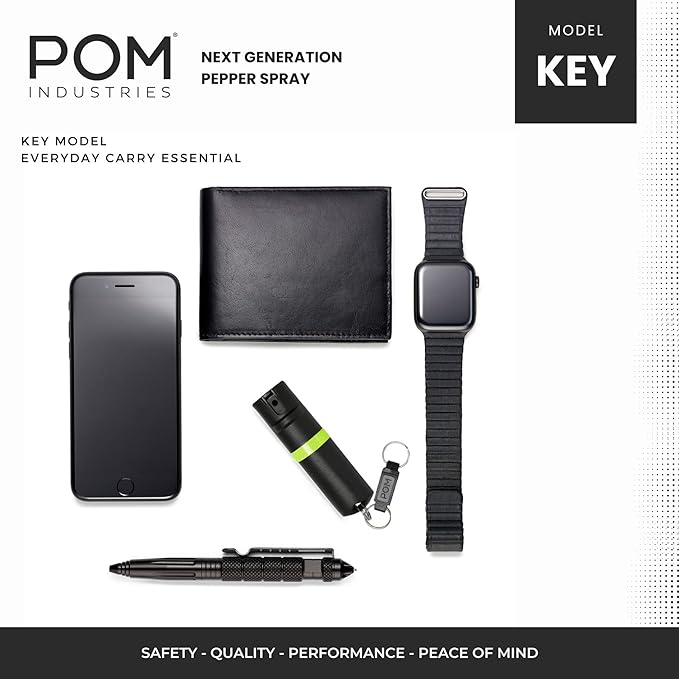 POM Pepper Spray Keychain, Quick Key Release for Instant Access, Flip Top Safety, Maximum Strength OC Formula with UV Marking Dye, 25 Bursts, 10 ft Range, 0.5 fl oz