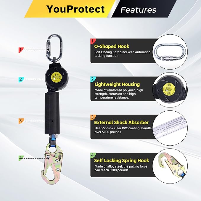 6FT Self Retracting Lifeline Fall Protection Retractable Lanyard, Fall Arrest Safety Yoyo for Construction Industrial - OSHA/ANSI Compliant (Small Hook)