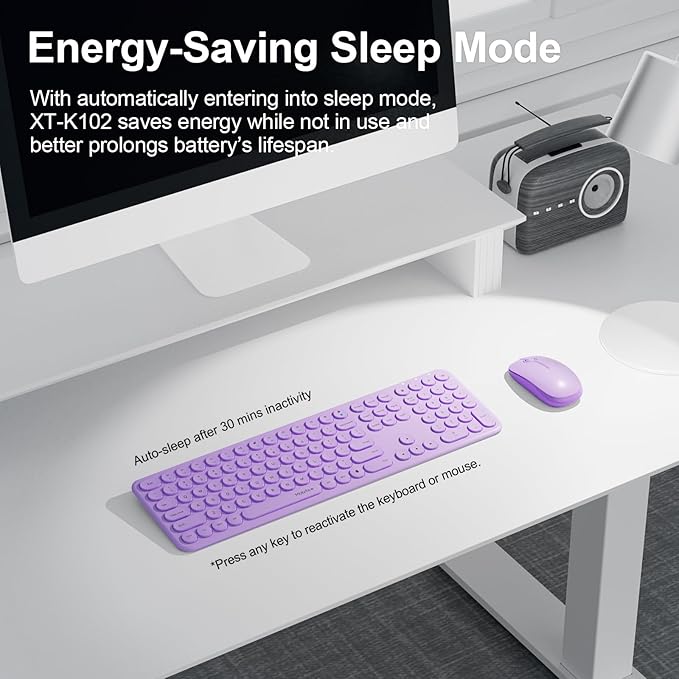 Cute Wireless Keyboard and Mouse Combo Slim 2.4GHz USB Cordless Full Size Silent Retro Keyboard and Mouse Set for PC Computer,Laptop,Windows,Mac,Tablets（Upgraded Violet）