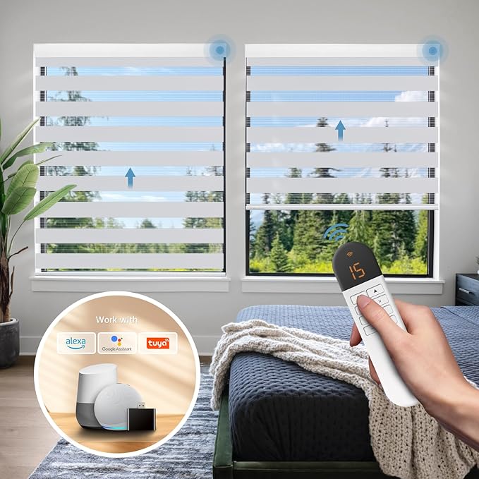 DENFOON Motorized Zebra Blinds, Solar Powered Dual Layer Automatic Shades with Remote Control, Rechargeable Smart Blinds Horizontal Wireless Electric Shades for Windows, Custom Size, White