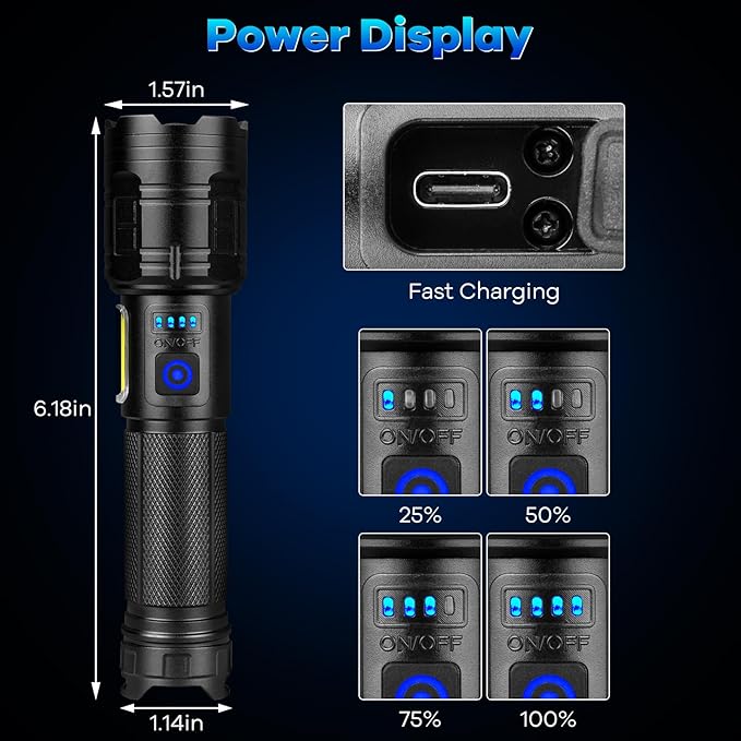 2 Pack Rechargeable Flashlights 90000 High Lumens, Super Bright Flash Light with 7 Lighting Modes, 24 Hours Long Life Powerful Flashlight with Side Light, IPX7 Waterproof Flashlight for Camping Home