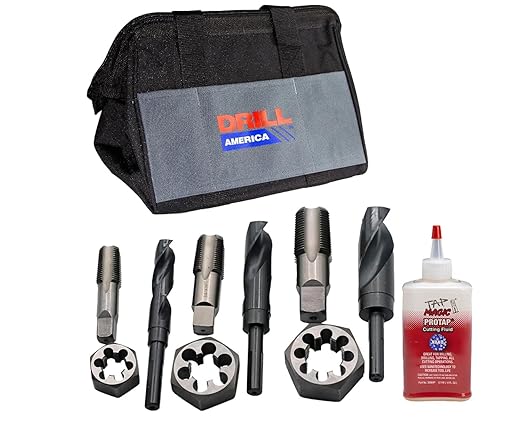 Drill America Plumber's Tool Kit, Drill, Tap and Die Kit, 10-Piece Tool Set with 3 NPT Tap and Drill Bits, 3 NPT Hex Dies (1/2”, 3/4", 1”), 4oz Tap Magic Cutting Fluid with Storage Bag, KMZPLUM12