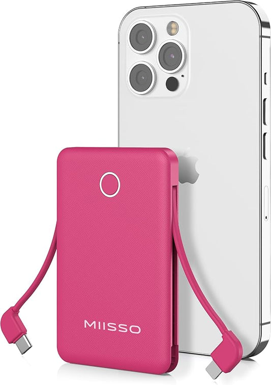 miisso 6000mah Ultra Slim Built in Cables Power Bank, Card Size Built in USB C Cords Battery Pack Portable Charger for Phones, 3 Output External Battery Pack Compatible with iPhone, Samsung, Plum Red