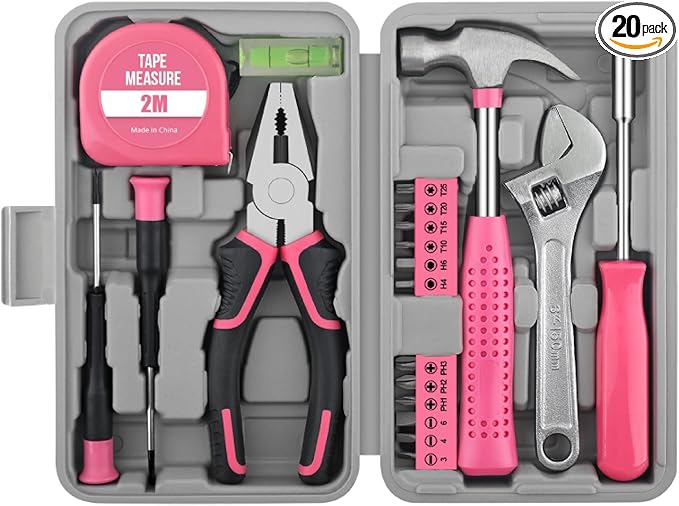 20 Pieces Home Tool Set, Basics Household Tool Kit with Small Mini Carrying Box for Men and Women DIY (Pink)