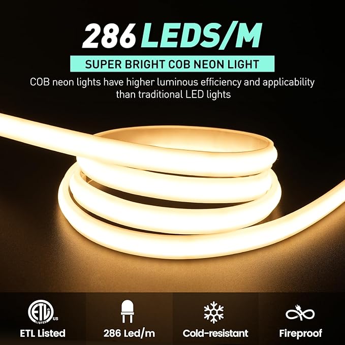 GZBtech Silicone COB Neon Rope Lights 50FT/15M, 2800K Super Bright Warm White Waterproof Neon Strip Light, AC 110-120V Flexible Soft Cuttable Tape Rope Lighting for Indoor Outdoor Home Commercial