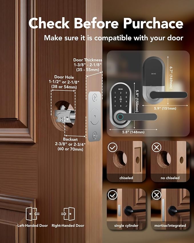 Devo G7 Smart Door Lock with Handle, Keyless Entry Door Lock, Touchscreen Keypad Deadbolt, Fingerprint Door Knob, Built-in-Wi-Fi, APP Remote Control, Auto Lock, Easy Installation