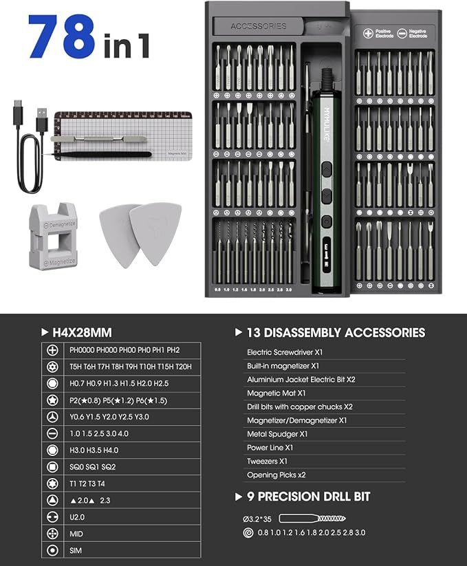 Mini Electric Screwdriver Set, 78 in 1 Small Precision Screwdriver Kit, 65 Preicison Bits, 5 Torque Settings, 4 LED Lights, Magnetic Portable Repair Tool Kit for PC RC Electronic, Watches