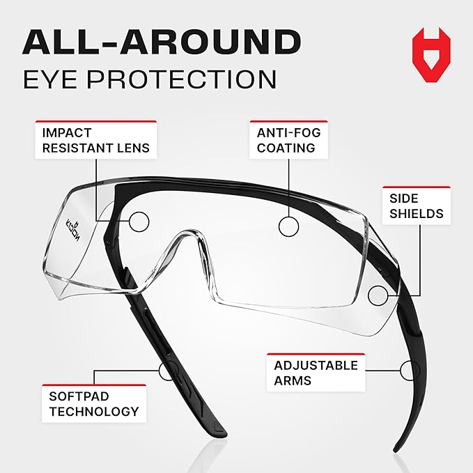 NoCry Anti Fog Safety Glasses that Fit Over Glasses with Scratch Resistant Lens — ANSI Z87 & OSHA Certified Over Glasses Safety Glasses for Men and Women with Adjustable Temples and 100% UV Protection