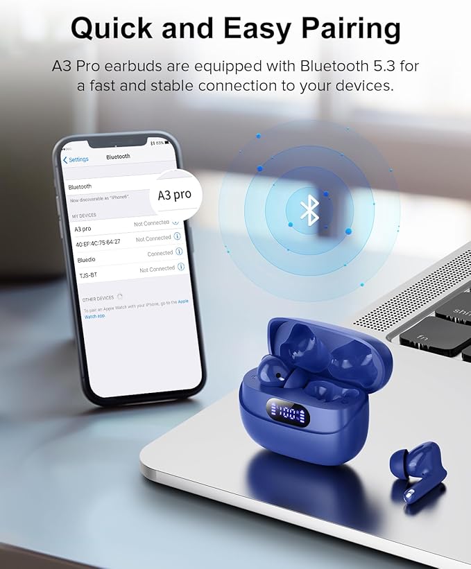 Wireless Earbuds, 42H Playtime Bluetooth 5.3 Headphones, HiFi Stereo Call Noise Cancelling Earbuds, IPX7 Waterproof Stereo in-Ear Earphones with LED Display for iOS Android (Ocean Blue)