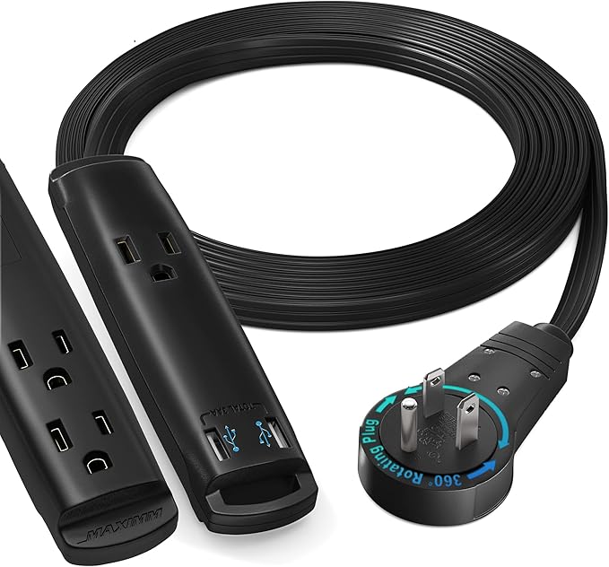 Extension Cord with USB Ports 6FT, 360° Rotating Flat Plug Extension Cord, 3-Outlet with USB Ports (2 Ports), 3 Prong Extension Cord, Grounded Extension Cord (Black) UL Certified