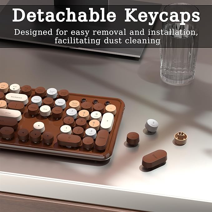 Wireless Bluetooth Keyboard, Retro Typewriter Style Keyboard, Full-Size with Round Keycaps, 2.4GHz Plug and Play Connection for Windows, Mac, Laptop, PC, Desktop (Coffee-Colorful)