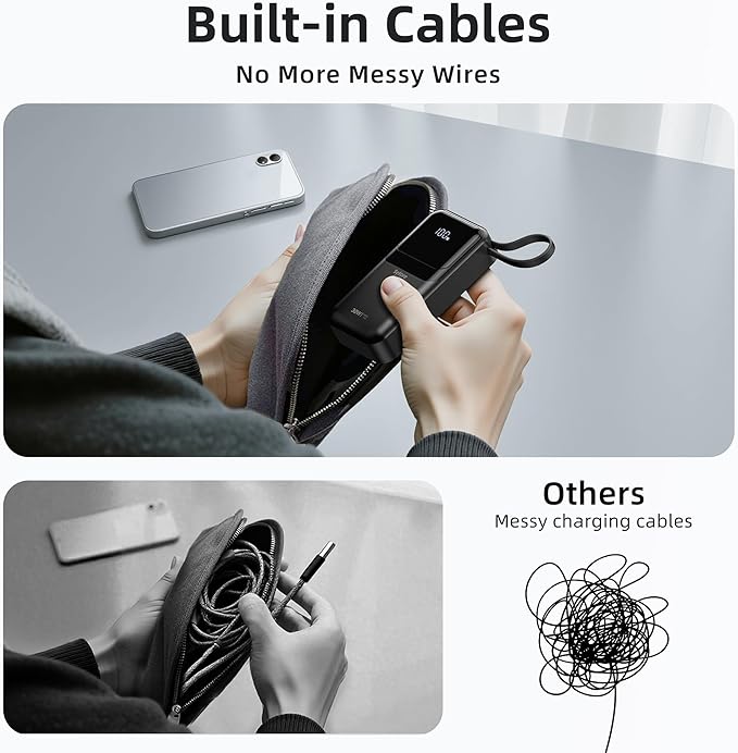 PD 30W Fast Charging Portable iPhone Charger 10 000mAh Mini Size Power Bank with Built in USB C & Lightning Cable, LED Display, Travel Battery Pack for iPhone 16/15/14/13 Series Samsung etc