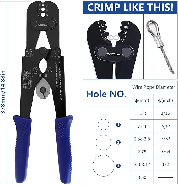 Yangoutool Wire Rope Crimping and Cutting Kit: Suitable for 1/16inch (1.59mm) to 1/8inch (3.18mm) Steel Cable Swaging, Includes 100pcs 1/8inch Aluminum Double Barrel Sleeves and 50pcs M3 Loop Thimbles