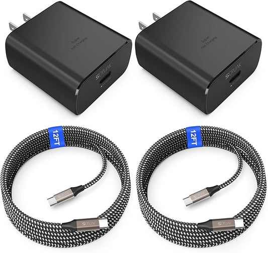 45W USB-C Charger, 2-Pack 45 Watt Super Fast Charger Type C Wall Charging Block with 2X 12FT Type C Cable for Samsung Galaxy S25 Ultra/S25/S25+/S24 Ultra/S23+/S23/S22/S20,Note 10/20,Tab S9/S8