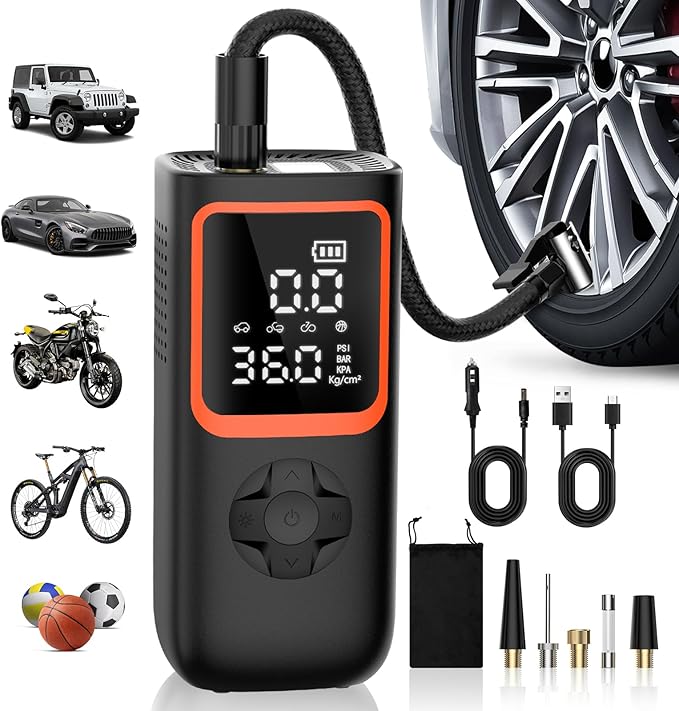 Tire Inflator Portable Air Compressor - 150PSI Cordless Air Pump for Car Tires with Pressure Gauge & LED Light, 3X Faster Inflation Electric Air Compressor for Car Bikes, Motorcycle, Ball